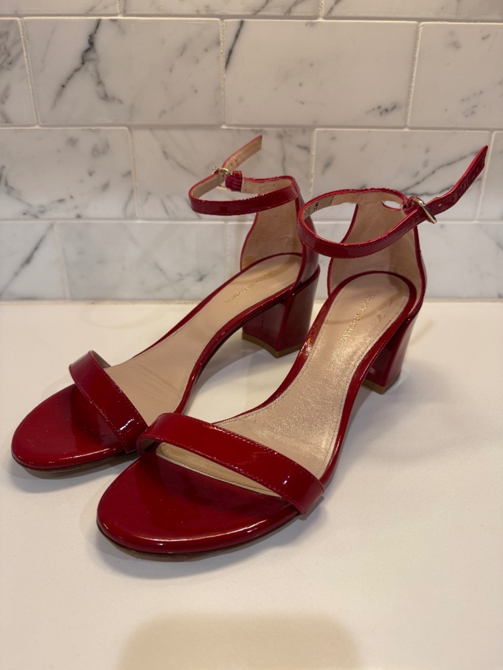 Stuart Weitzman Red Patent Leather Ankle Strap Block Heel Sandals